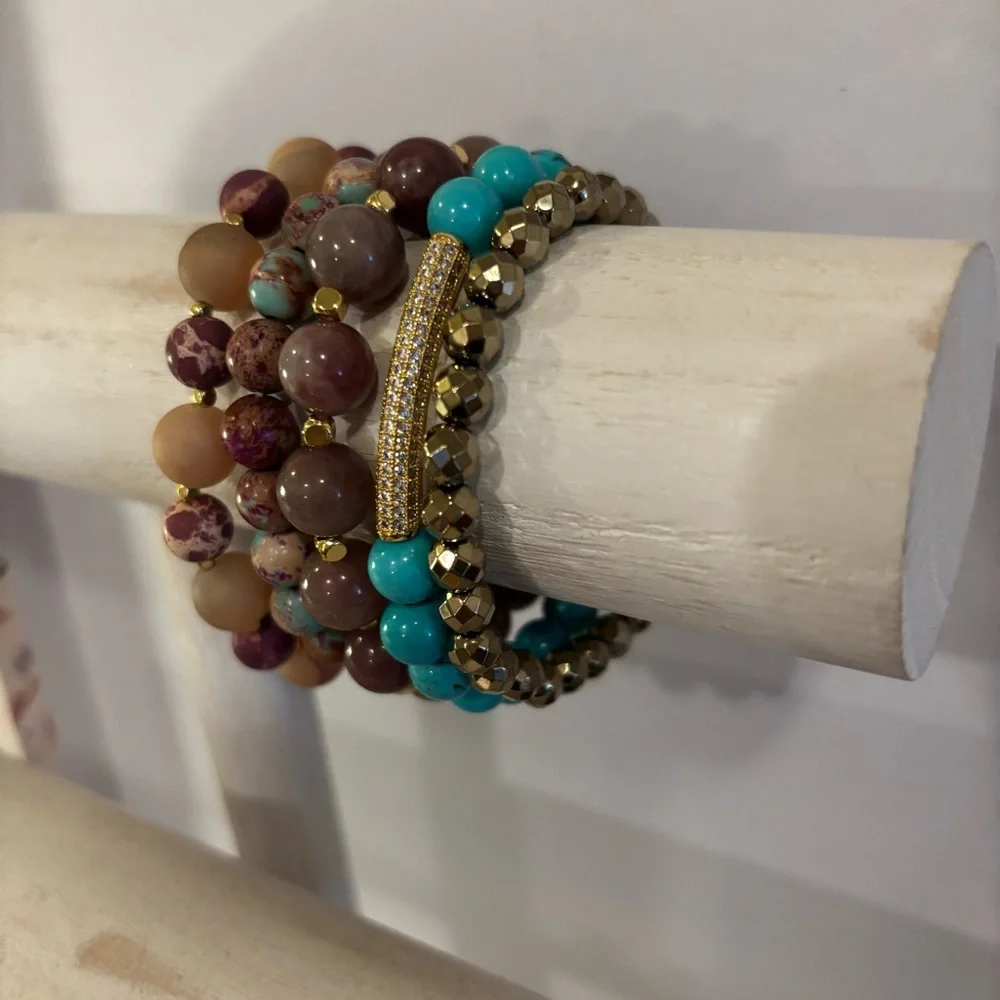 Handmade Gemstone Bracelet Stack Set of 5 NWT Turquoise Jasper Strawberry Quartz